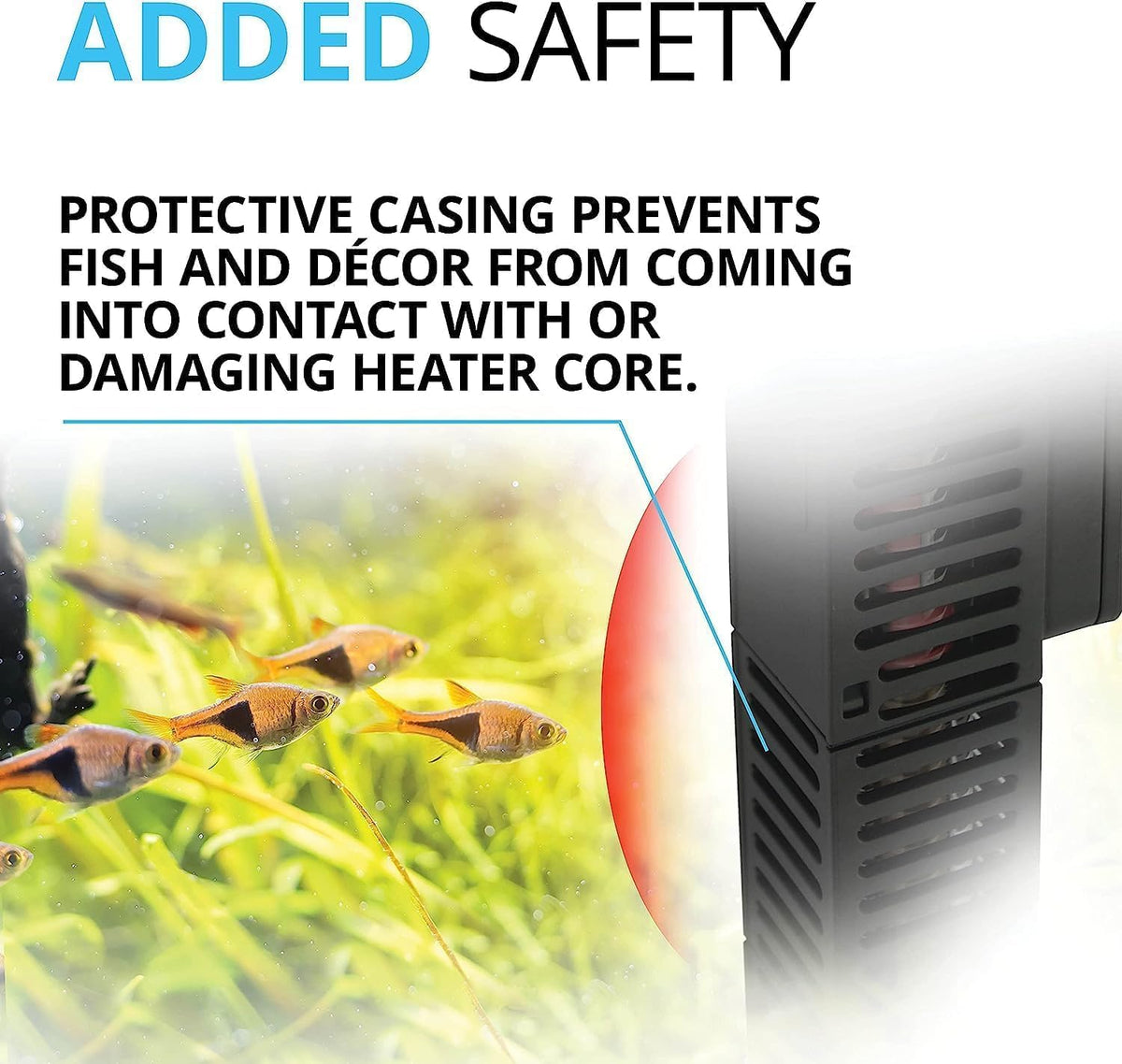 Submersible aquarium heater core and integrated safety fish guard.
