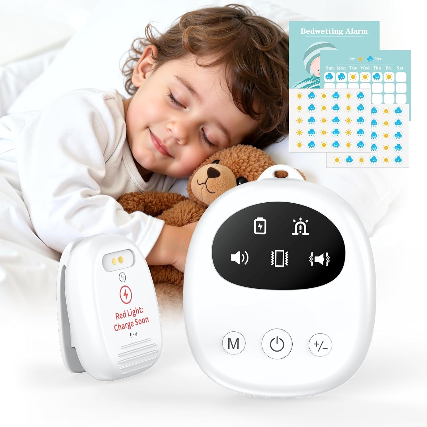 Hopelake Wireless Bedwetting Alarm front view showing receiver and sensor