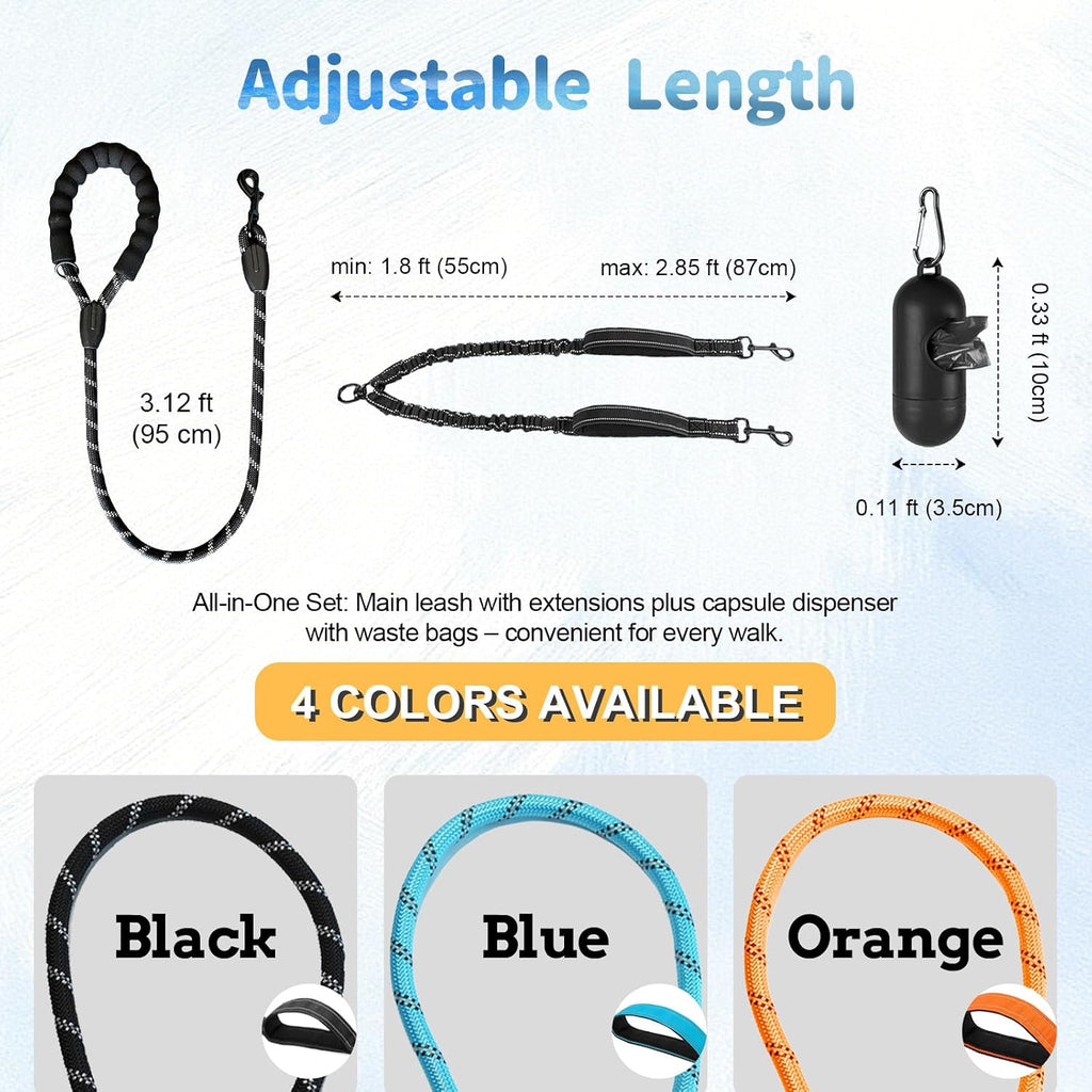 Leosasa dual dog leash splitter showcasing the shock absorbing reflective bungee nylon ropes.