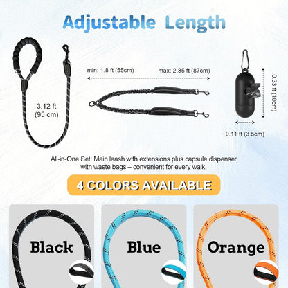 Leosasa dual dog leash splitter showcasing the shock absorbing reflective bungee nylon ropes.