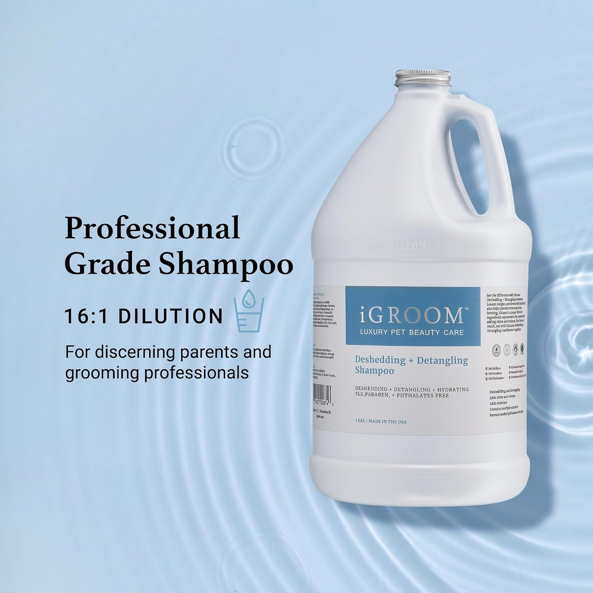 IGroom pet shampoo bottle next to measuring cup for dilution
