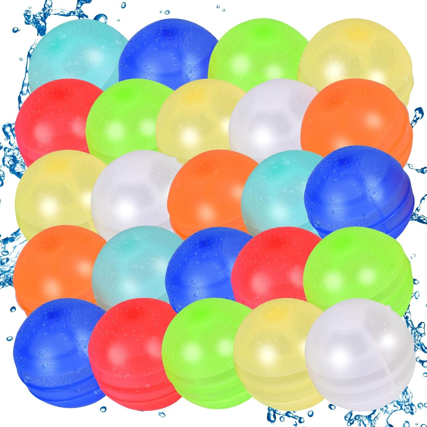 RYTABEE reusable water balloons 24 piece set front view showing vibrant multi colored self sealing silicone balls scattered on grass