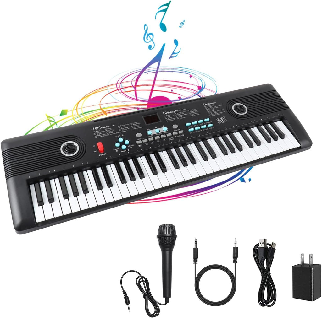 RWESU 61 keys portable digital electronic piano keyboard front view showing keys control panel buttons and microphone