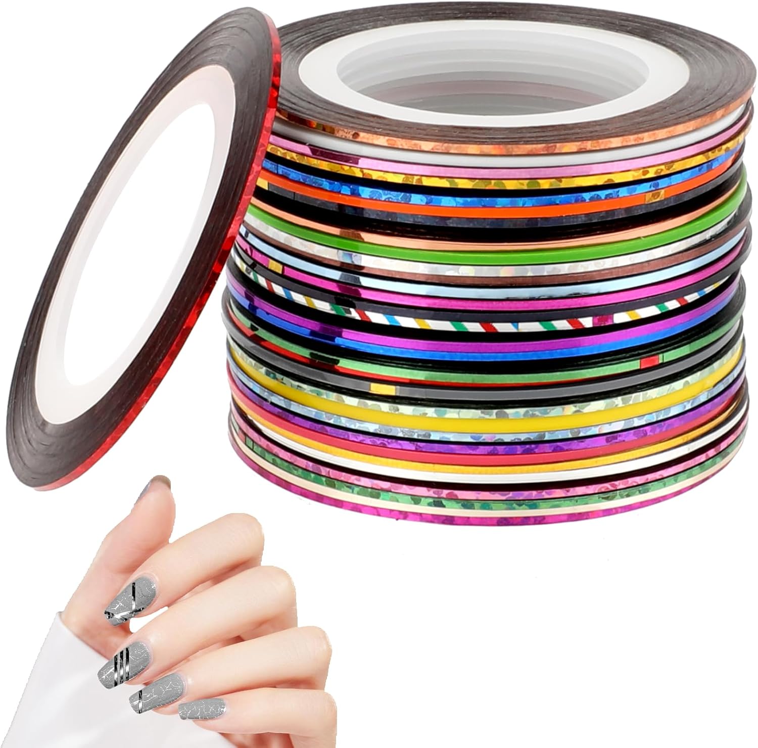 FANDAMEI 32 Colors Nail Striping Tape front view of full multicolor roll assortment set