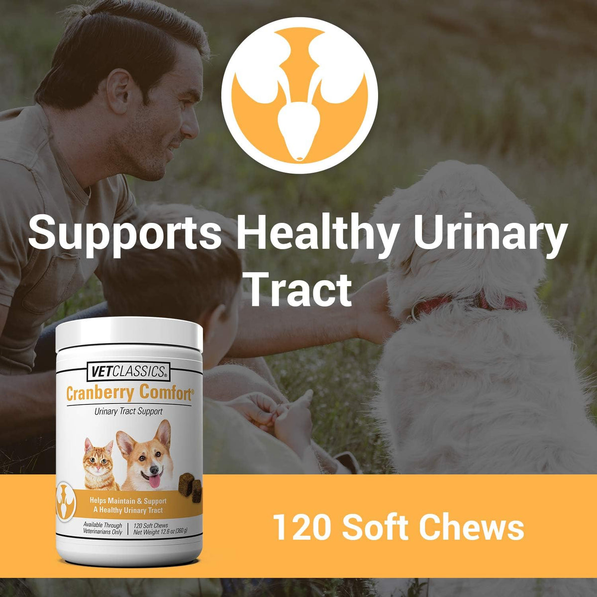 Vet Classics Cranberry Comfort pet bladder control supplement jar showing ingredient facts