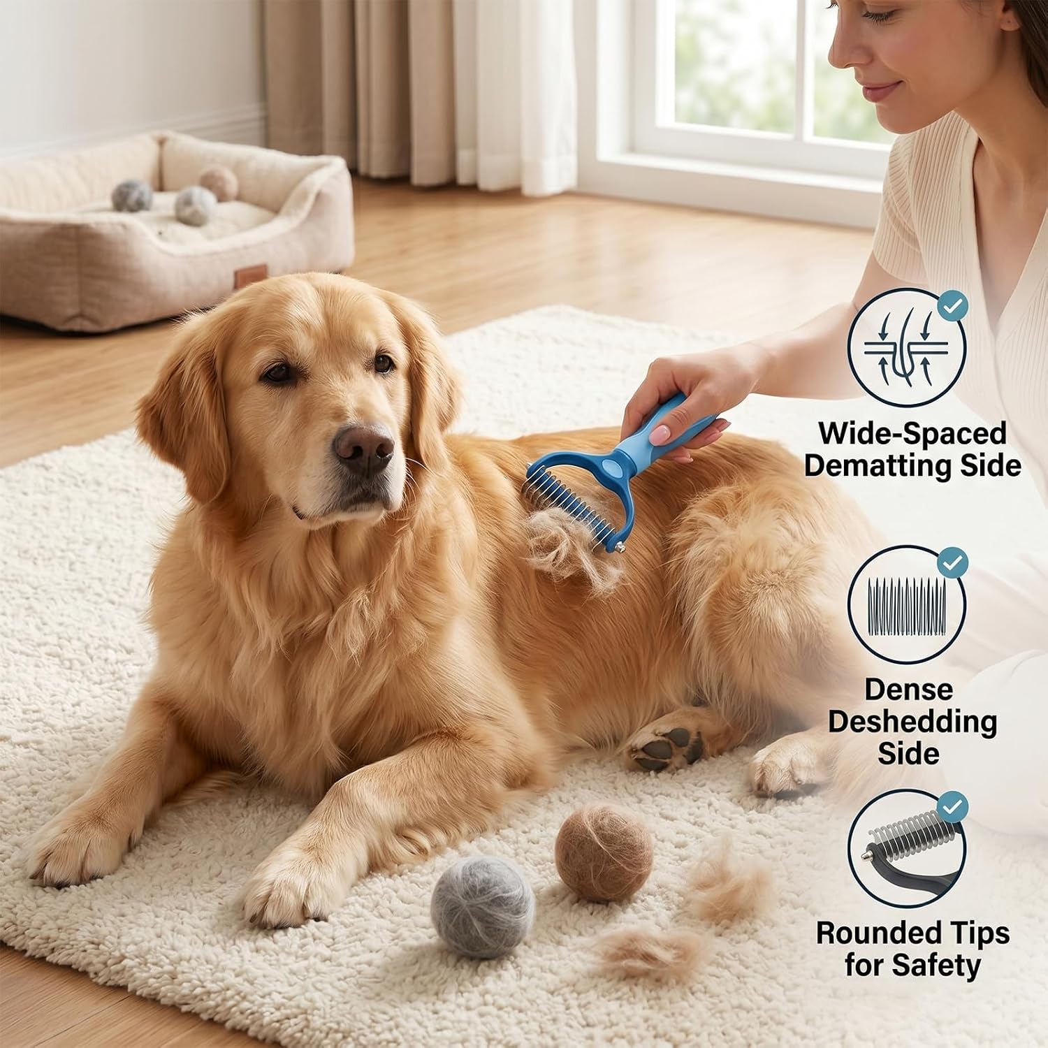 UJEAVETTE Vivanchor tool being used to groom a long haired dog with thick fur