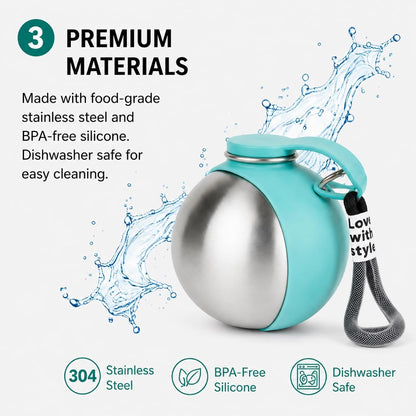 Ten ounce puppy travel flask with built-in carabiner and strap attached to a hiking backpack.