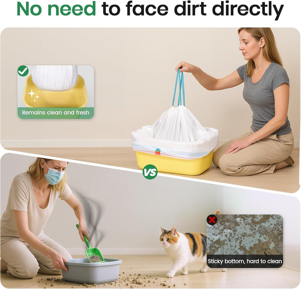 Oversized thirty-seven by eighteen inch disposable cat pan liners stretched over a standard litter box.