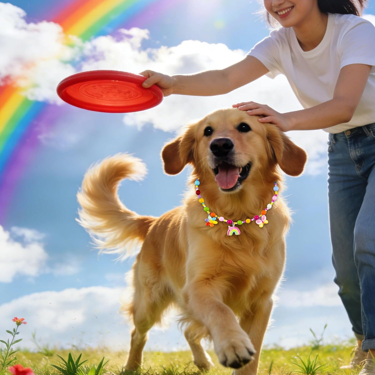 Vibrant multi-colored imitation pearls and butterfly flower charms on the LATUMCO pet collar.
