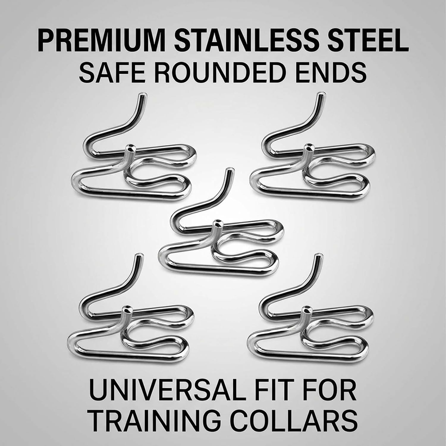 Side angle view of five heavy duty steel prong collar replacement links