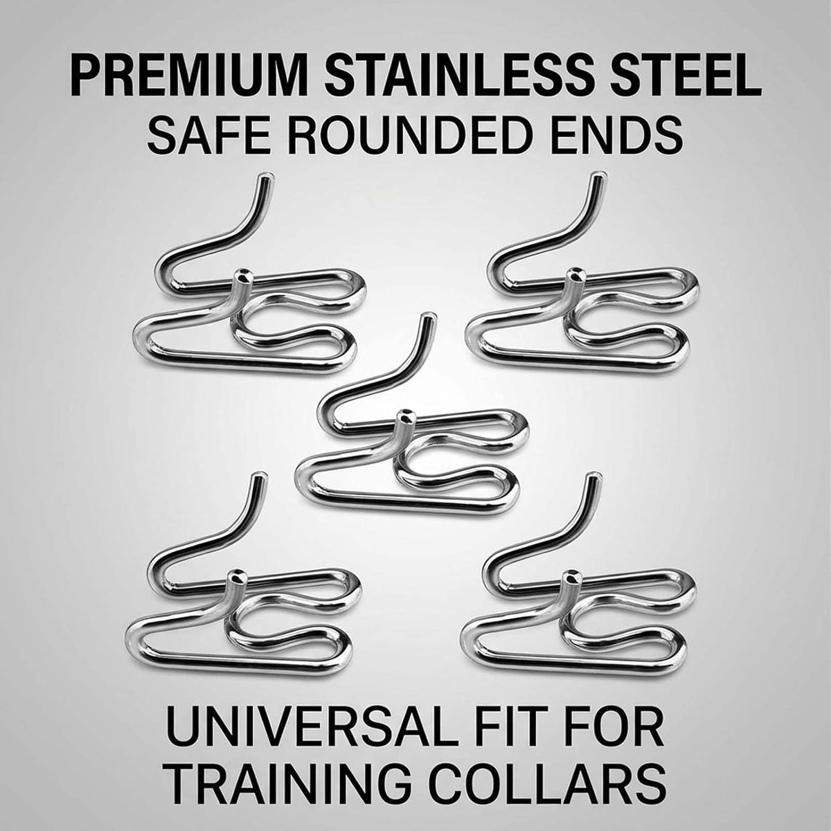 Side angle view of five heavy duty steel prong collar replacement links