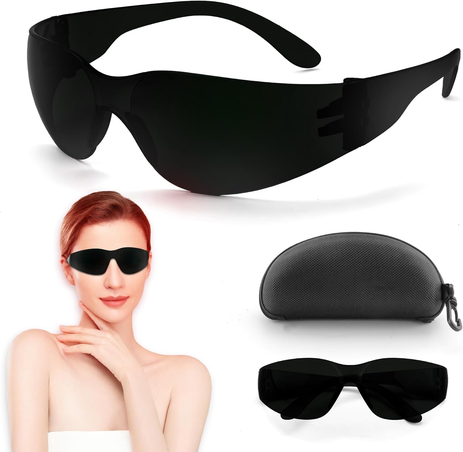 FUIART red light therapy eye protection glasses front view showcasing the sleek black polycarbonate frame.