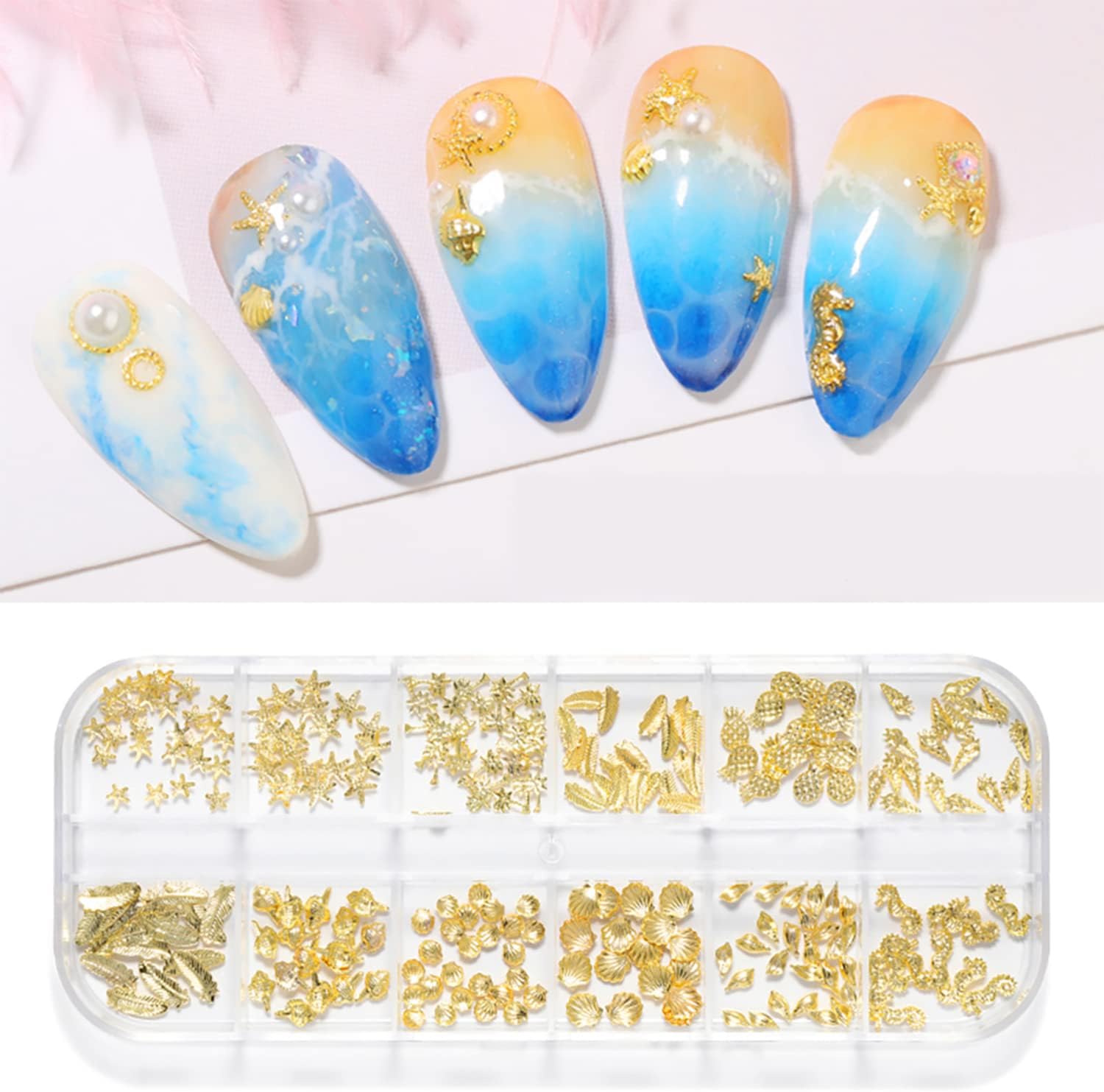 WEILUSI 3D gold nail studs twelve grid container front view showing assorted ocean shapes