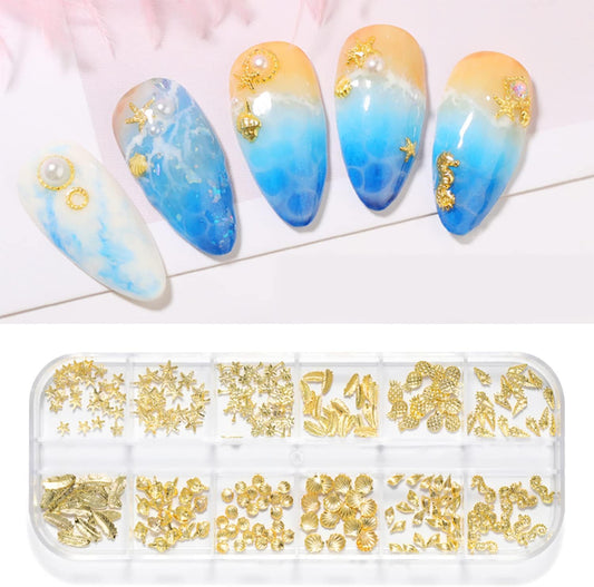 WEILUSI 3D gold nail studs twelve grid container front view showing assorted ocean shapes