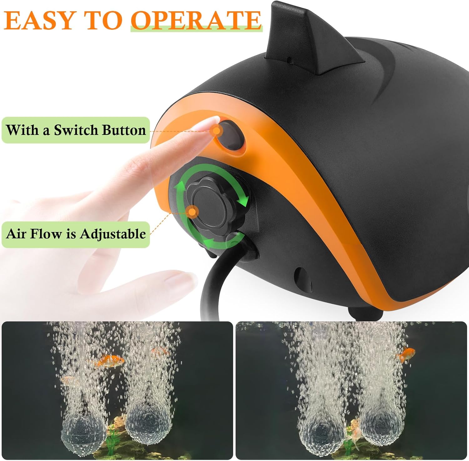 Side view of Hitop fish tank air pump showing adjustment knob