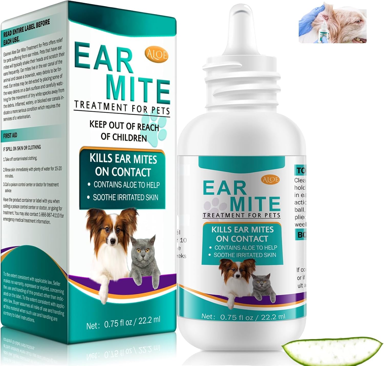 Close up of Navna 0.75 fluid ounce ear mite treatment bottle