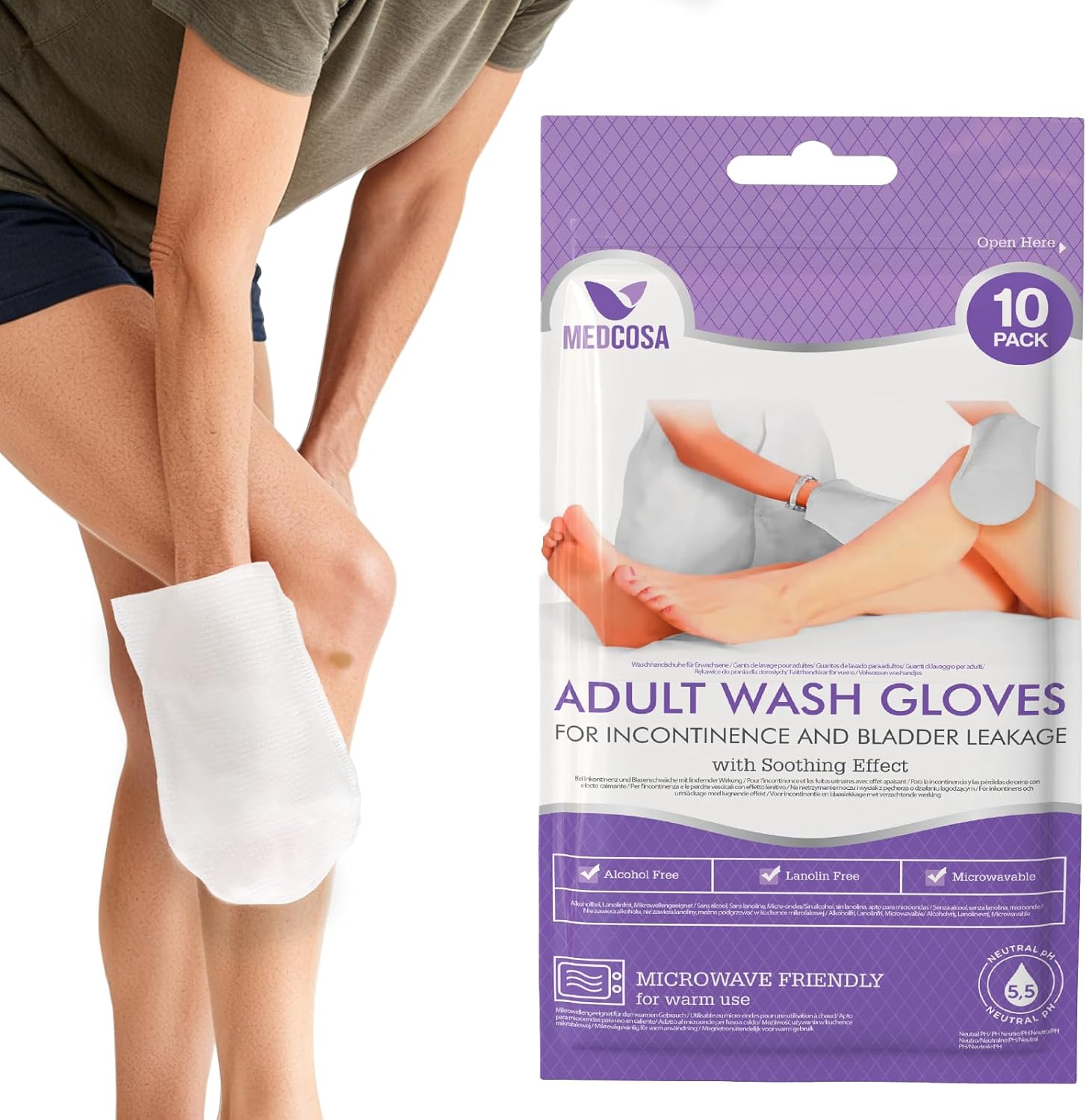 Medcosa adult washcloths glove shaped disposable body wipes packaging front view
