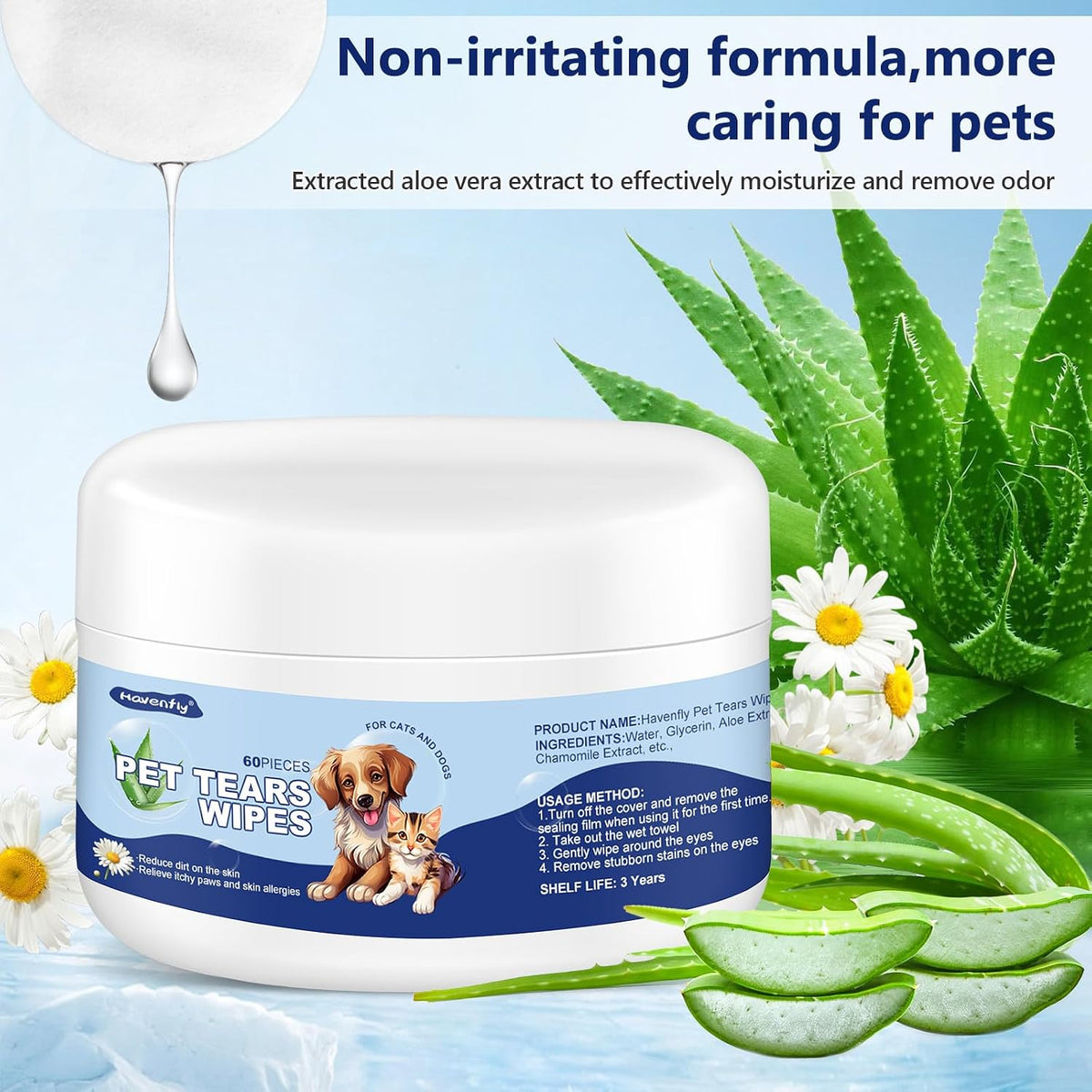 Chamomile infused cat eye cleaner pads for removing discharge and crust.