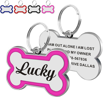 EDSG personalized dog tag front view showing pink glitter bone shape custom engraved pet ID.