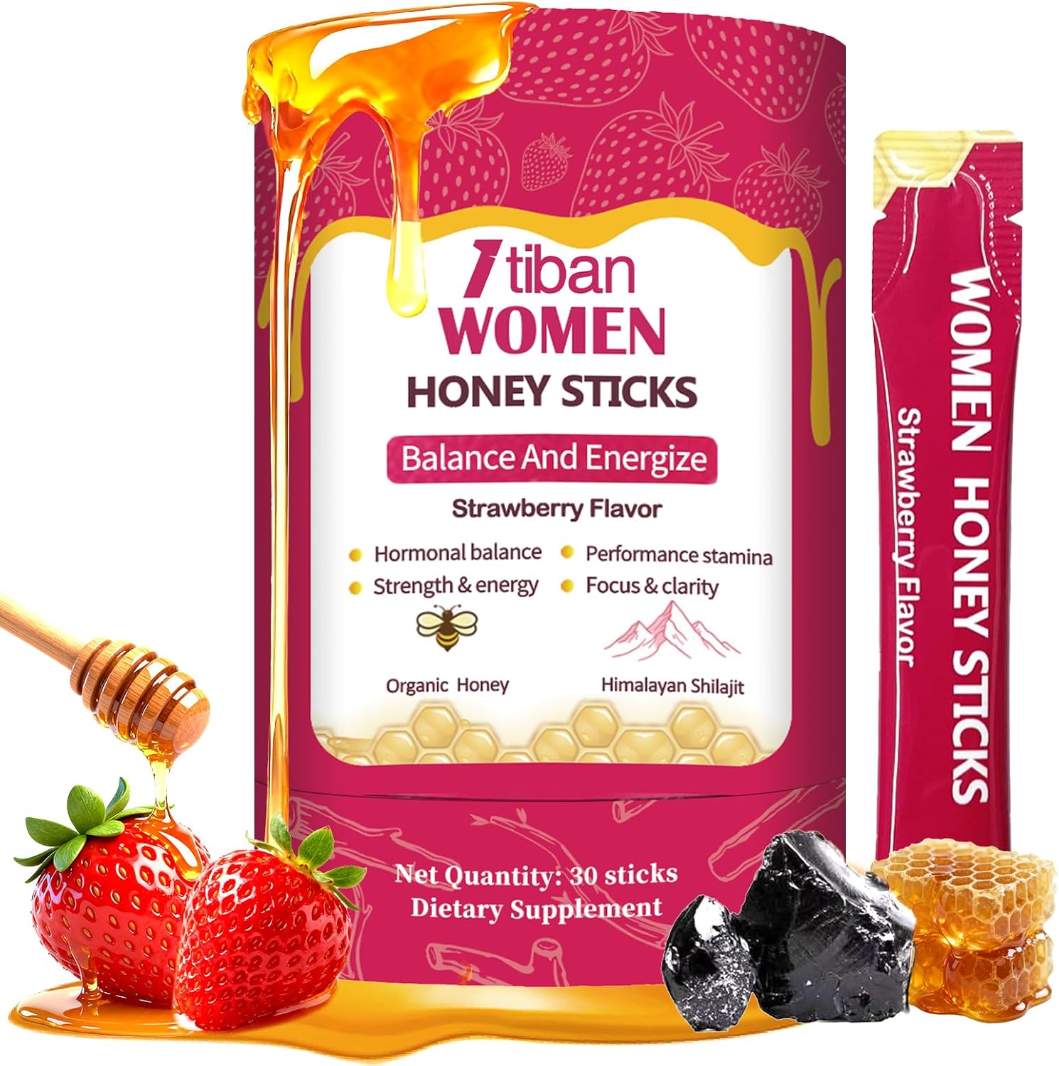 Itiban Shilajit Honey Sticks Strawberry front view box packaging for women's wellness