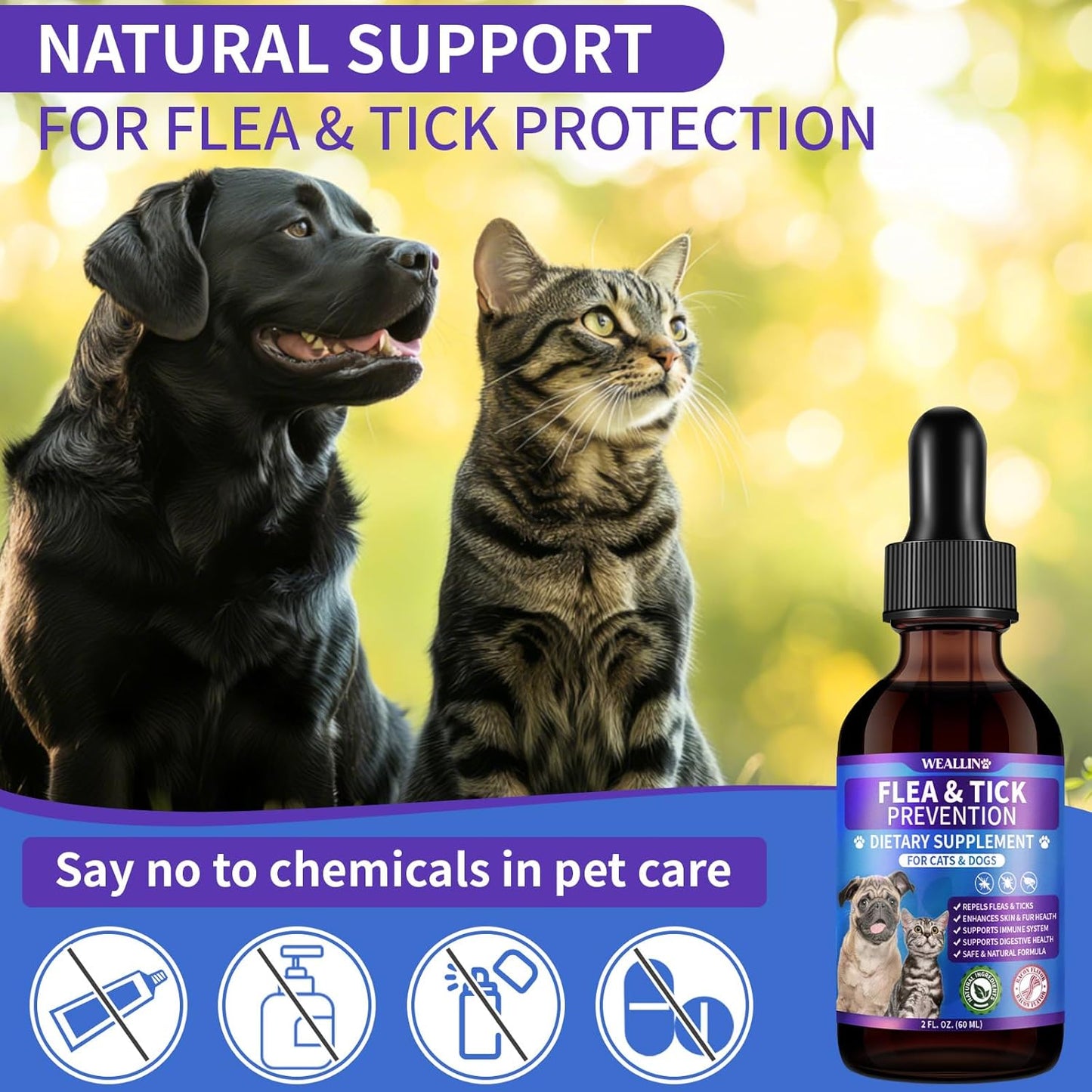 Herbal skin and coat support drops for pets showing the two fluid ounce sizing.
