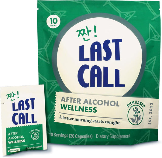 Last Call Drinking Wellness Aid DHM supplement front packaging view for hangover prevention