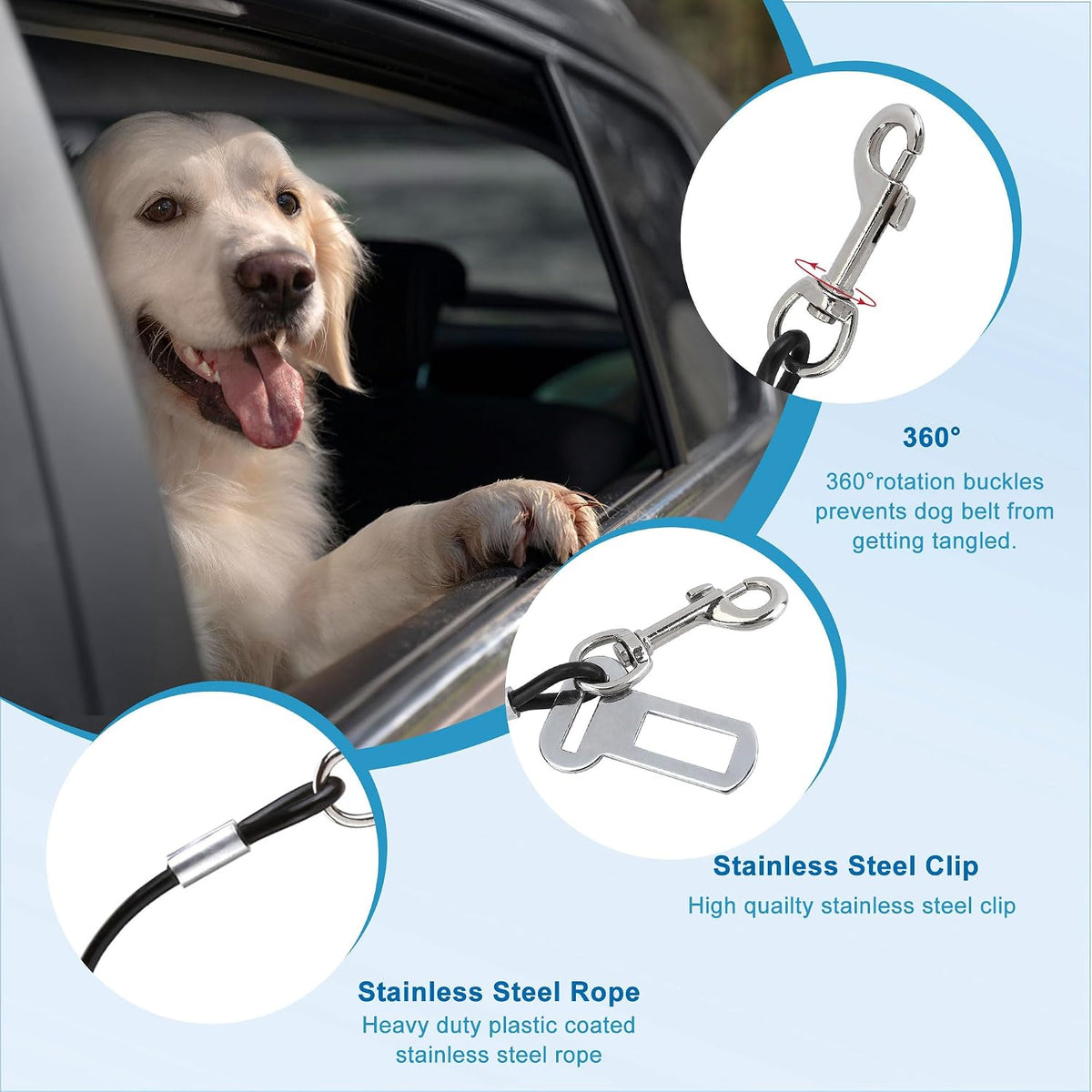 Mogoko pet seatbelt showing buckle and swivel bull snap connector