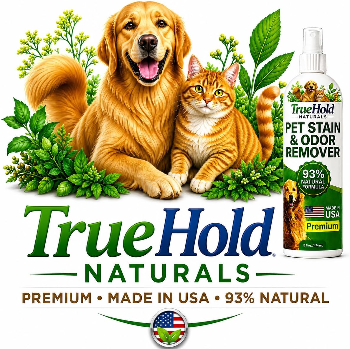 Pet urine smell remover spray bottle highlighting safe plant based formula