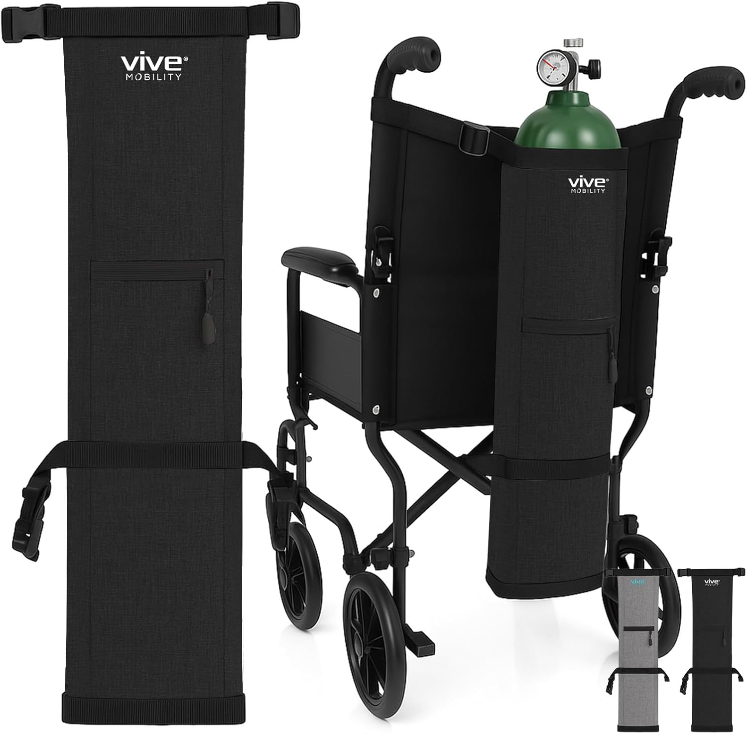 Vive Mobility Oxygen Tank Holder front view on a wheelchair showing secure cylinder storage