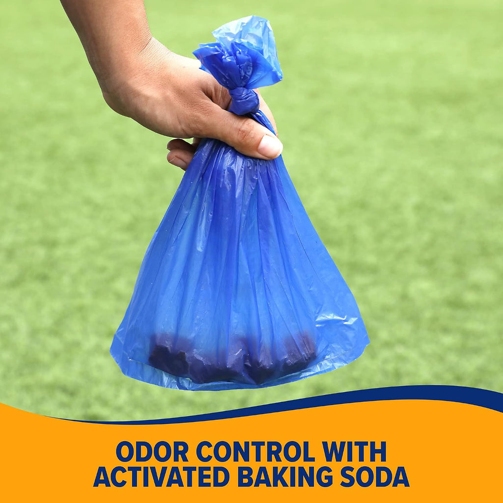 Activated baking soda pet waste bags in assorted blue and green rolls.