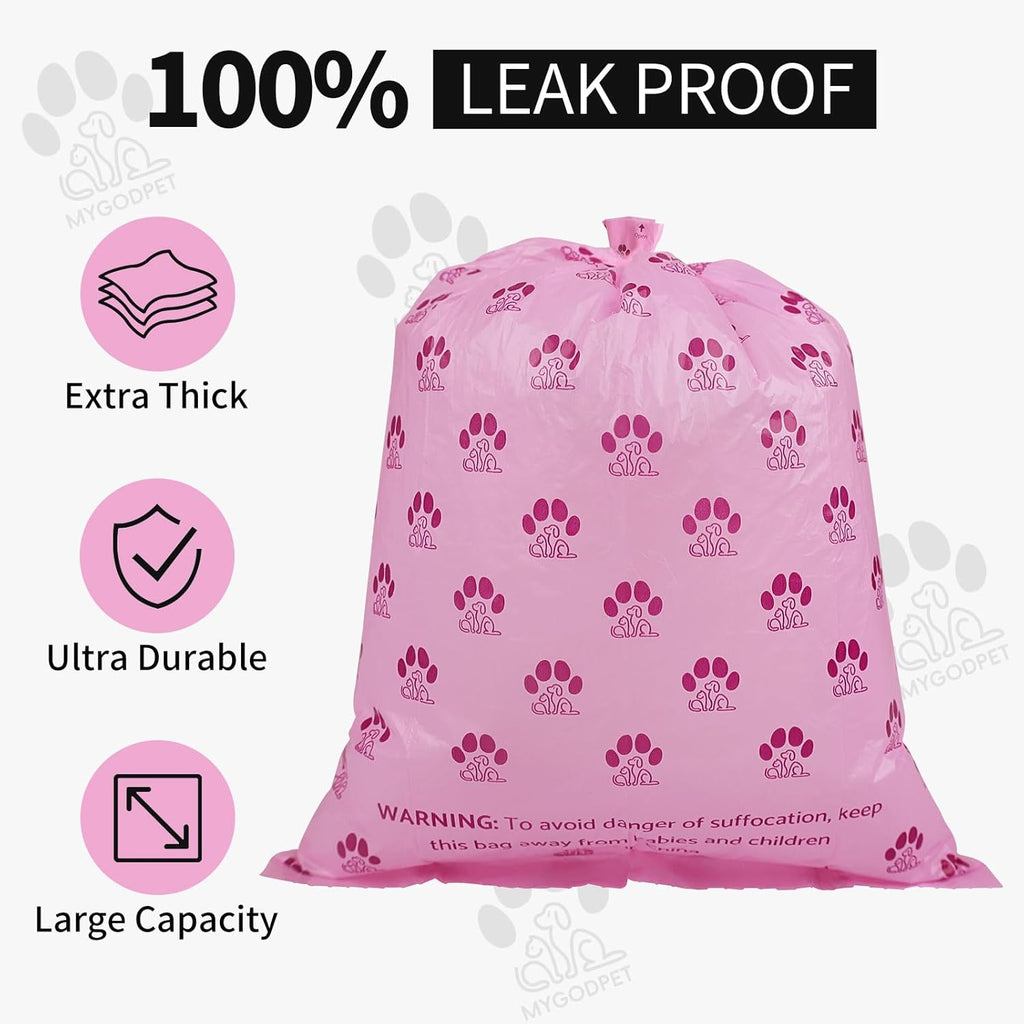 Leak proof and tear resistant purple doggy trash bags showing paw print pattern.