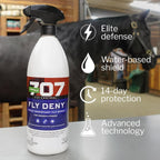 Formula 707 Fly Deny horse fly protection spray showing ingredients and application instructions label