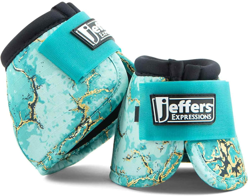 Jeffers Equine No Turn Bell Boots front view in Bisbee Blue marble pattern for horse hoof protection.