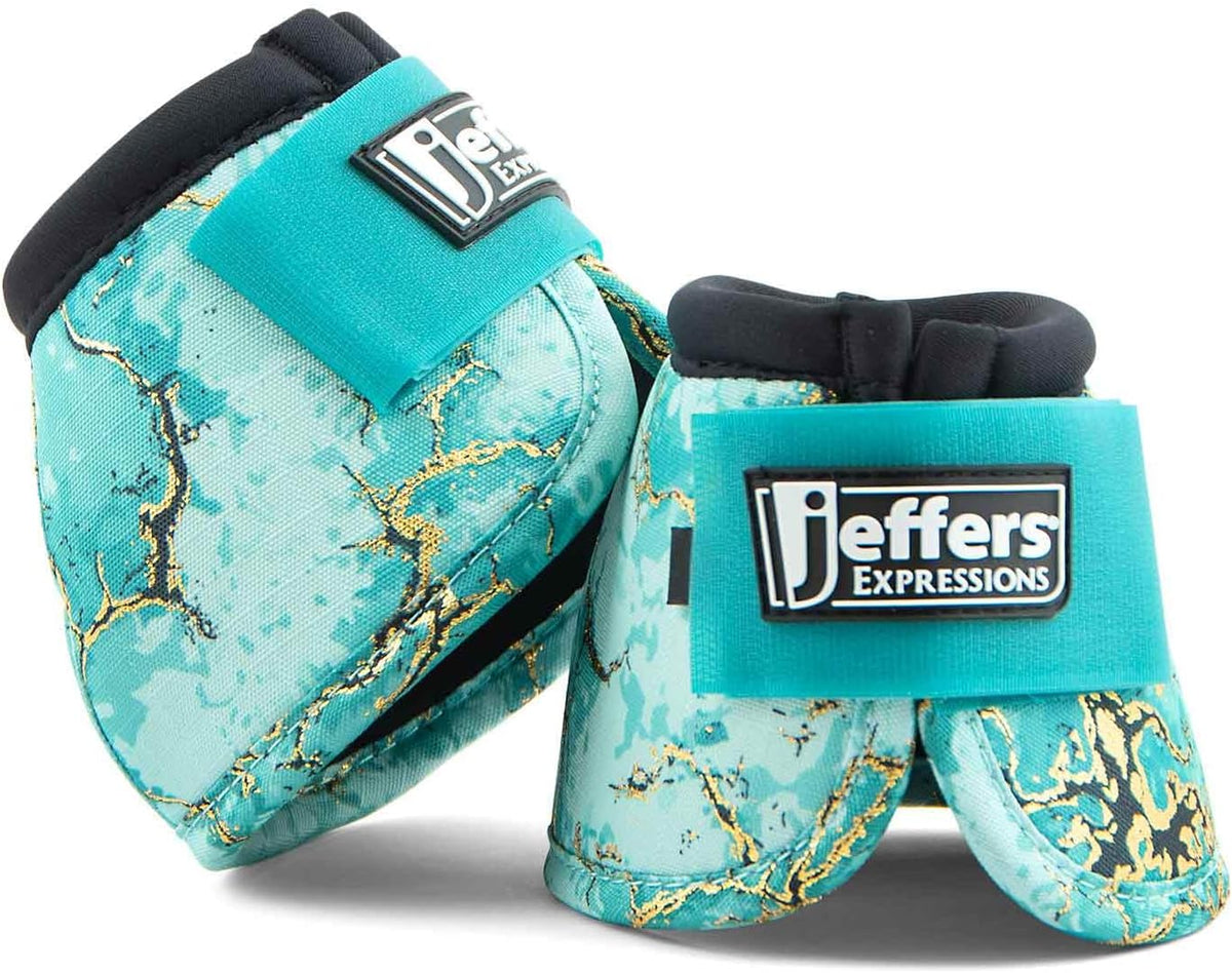 Jeffers Equine No Turn Bell Boots front view in Bisbee Blue marble pattern for horse hoof protection.