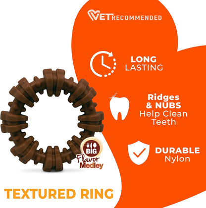 Durable circular dog chew bone highlighting raised dental care textures.