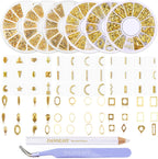 Danneasy gold nail charms front view with packaging and storage wheels