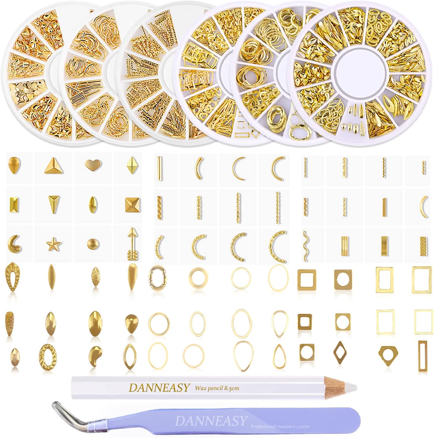 Danneasy 6 Boxes Gold Nail Charms front view displaying six wheels of 3D metal studs.