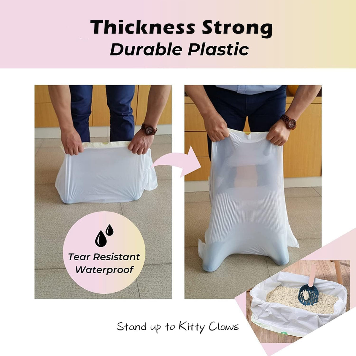 Extra large twenty count unscented litter pan bags spread out to demonstrate the drawstring feature.