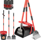 HUZSV dog pooper scooper front view with red and black swivel bin and adjustable handle.
