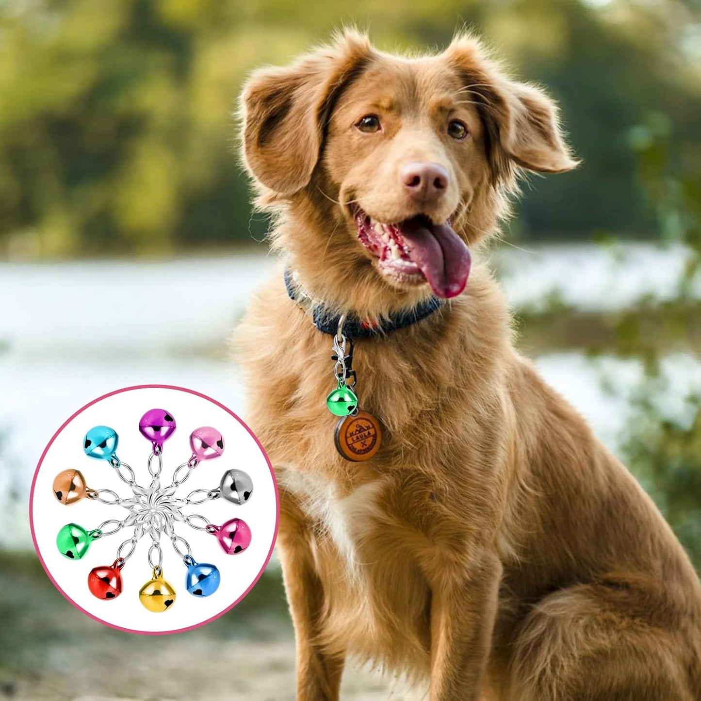 Ten pieces of multicolored COMNICO jingle bells arranged for holiday crafting and pet use