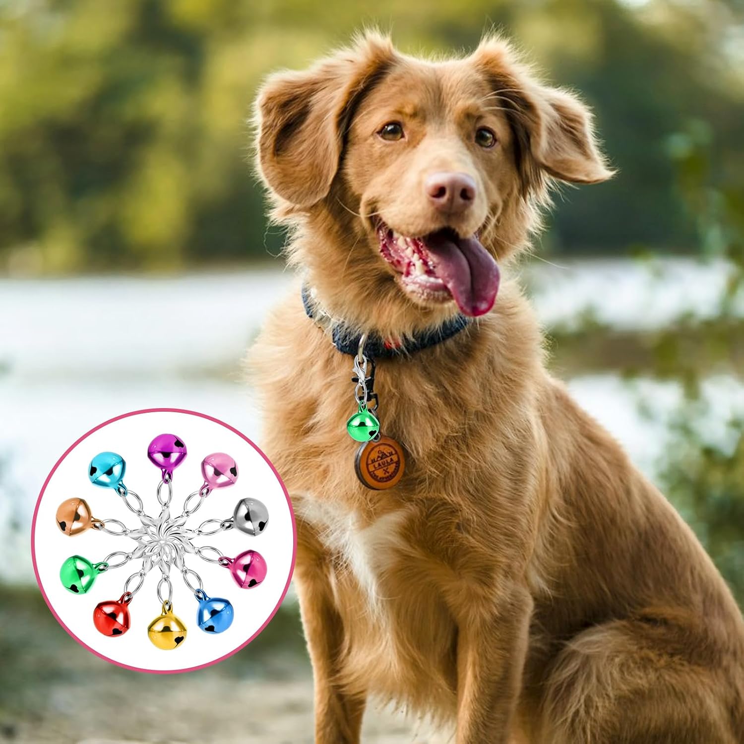 Ten pieces of multicolored COMNICO jingle bells arranged for holiday crafting and pet use