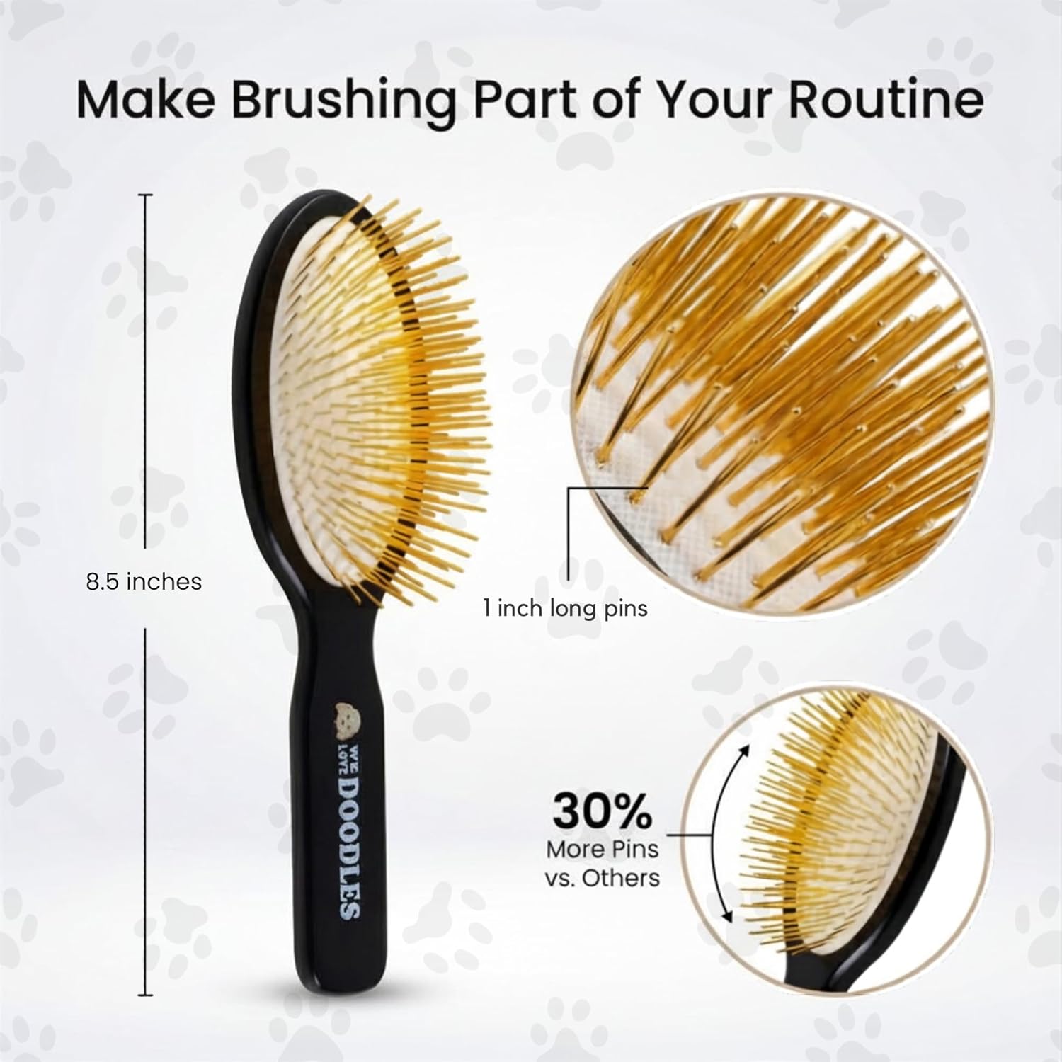 We Love Doodles dog shedding brush being held to showcase the comfortable grip.