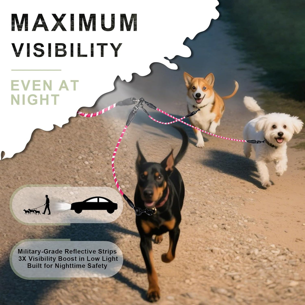 Detached configuration of the LEOSASA three pet lead splitters for flexible multi-dog walking.