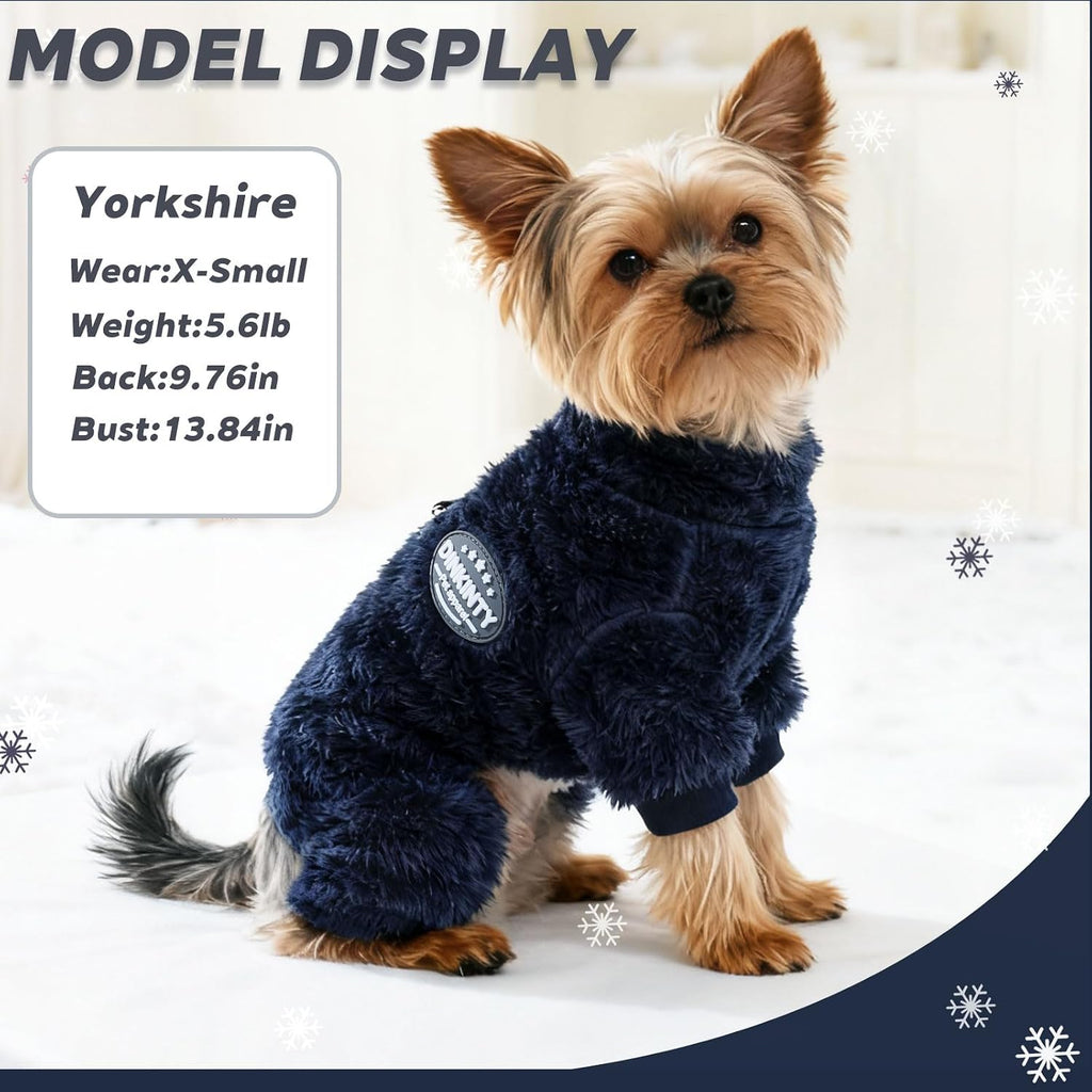 Dinkinty warm puppy jumpsuit showcasing the integrated harness D ring for leash attachment.