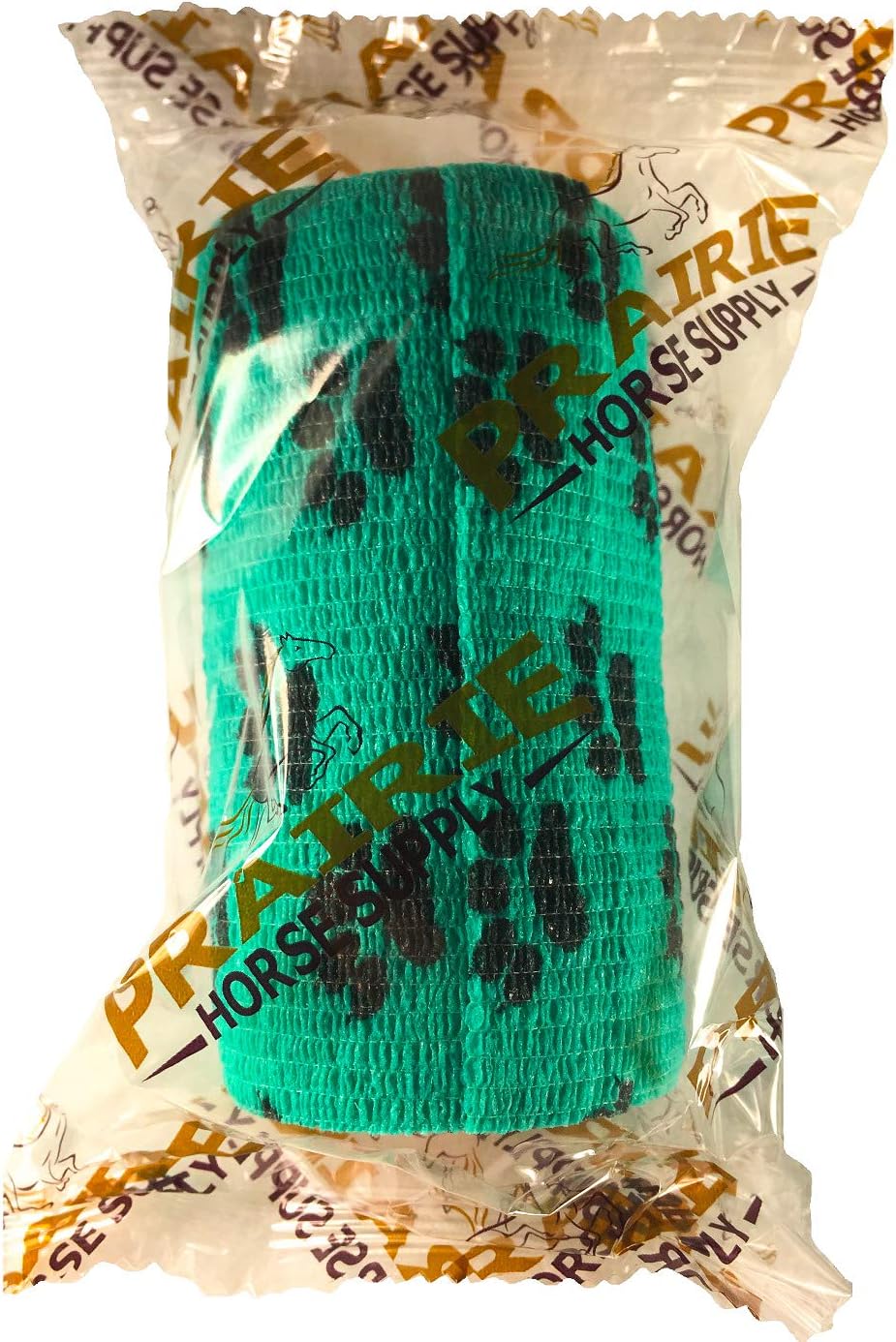 Close up of teal bandage with black paw print pattern