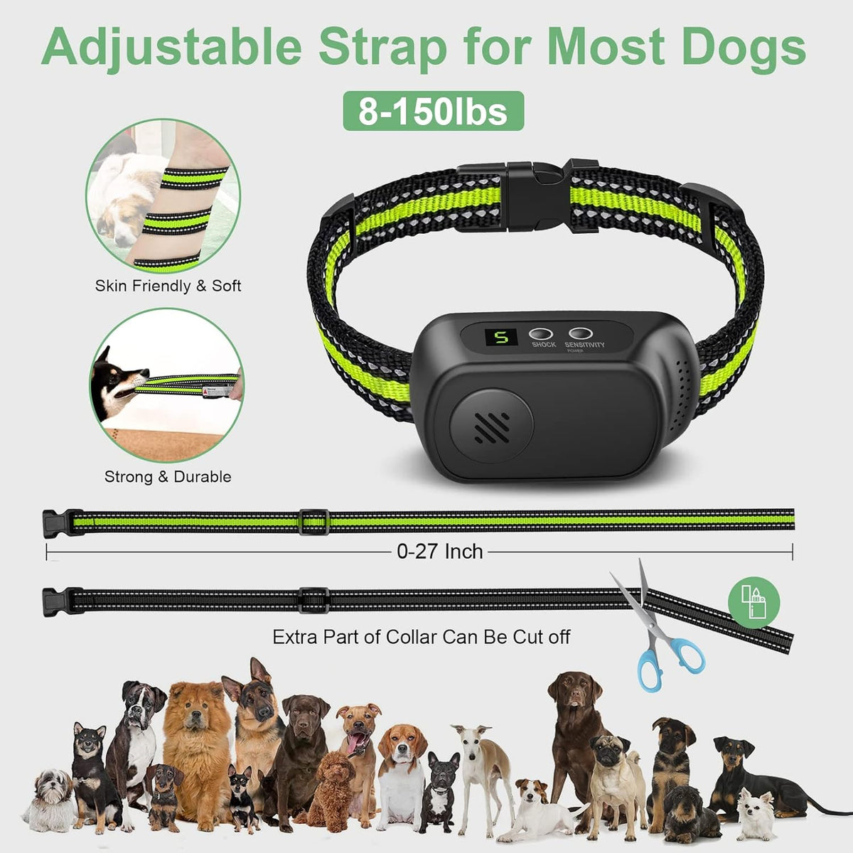 Humane dog training collar with adjustable strap
