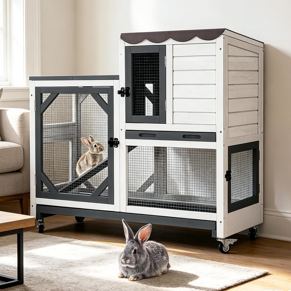 Large Rabbit Hutch Outdoor, 2-Tier Bunny Hutch with Wheels and Waterproof Roof, Wooden Guinea Pig Cage with Leak-Proof Pull-Out Trays, Multi-Door Bunny Cage for Small Animals-Black and White - Image 1