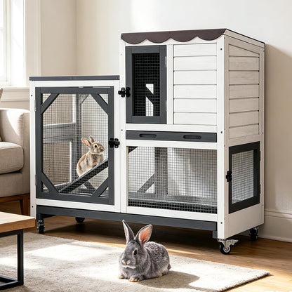 Large Rabbit Hutch Outdoor, 2-Tier Bunny Hutch with Wheels and Waterproof Roof, Wooden Guinea Pig Cage with Leak-Proof Pull-Out Trays, Multi-Door Bunny Cage for Small Animals-Black and White - Image 1