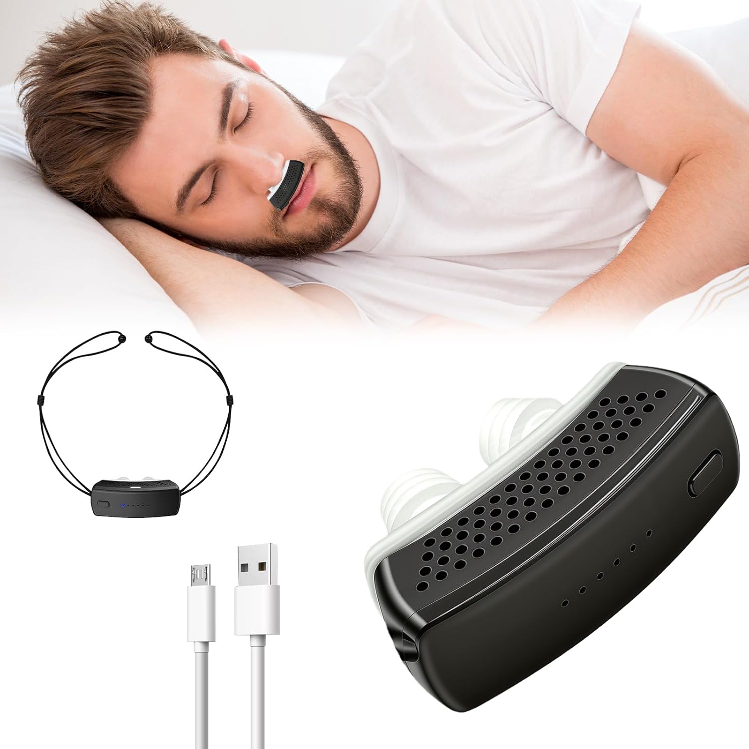 Qiduhuqi Electric Anti Snoring Device charcoal black front view showing silicone inserts.