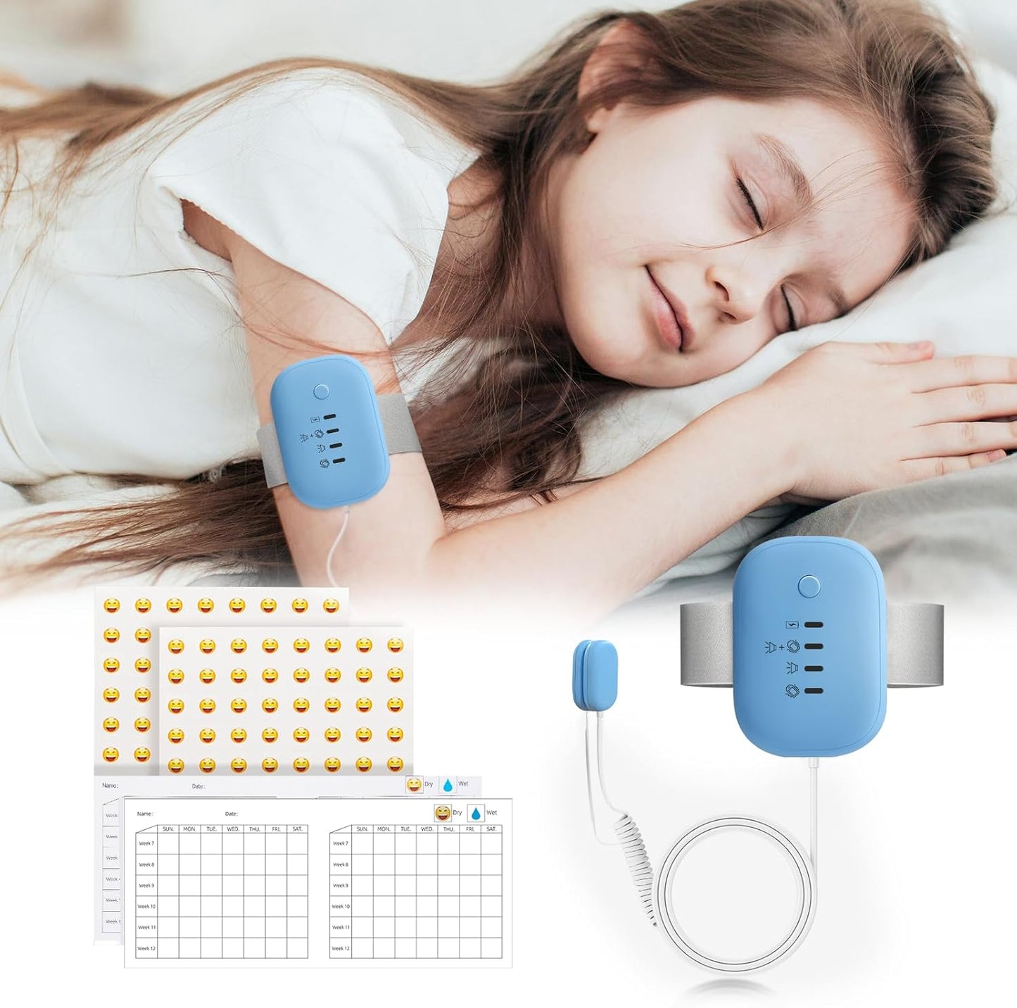 MOSKESON bed wetting alarm front view showing blue wearable tracker device